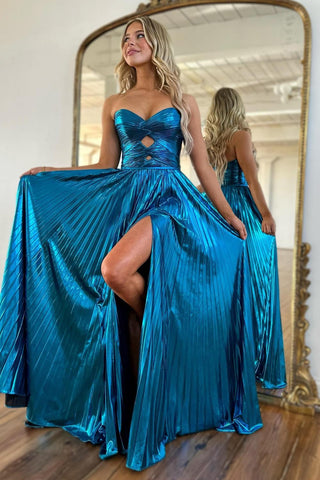 Purple Metallic Sweetheart A-Line Pleated Prom Dress with Slit
