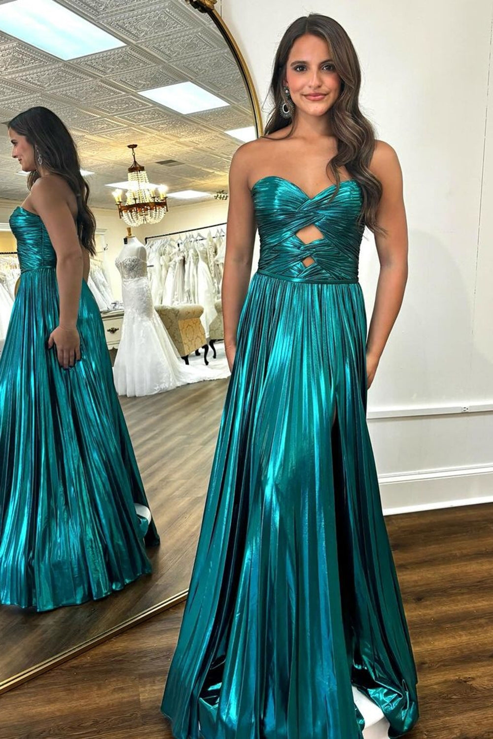 Purple Metallic Sweetheart A-Line Pleated Prom Dress with Slit