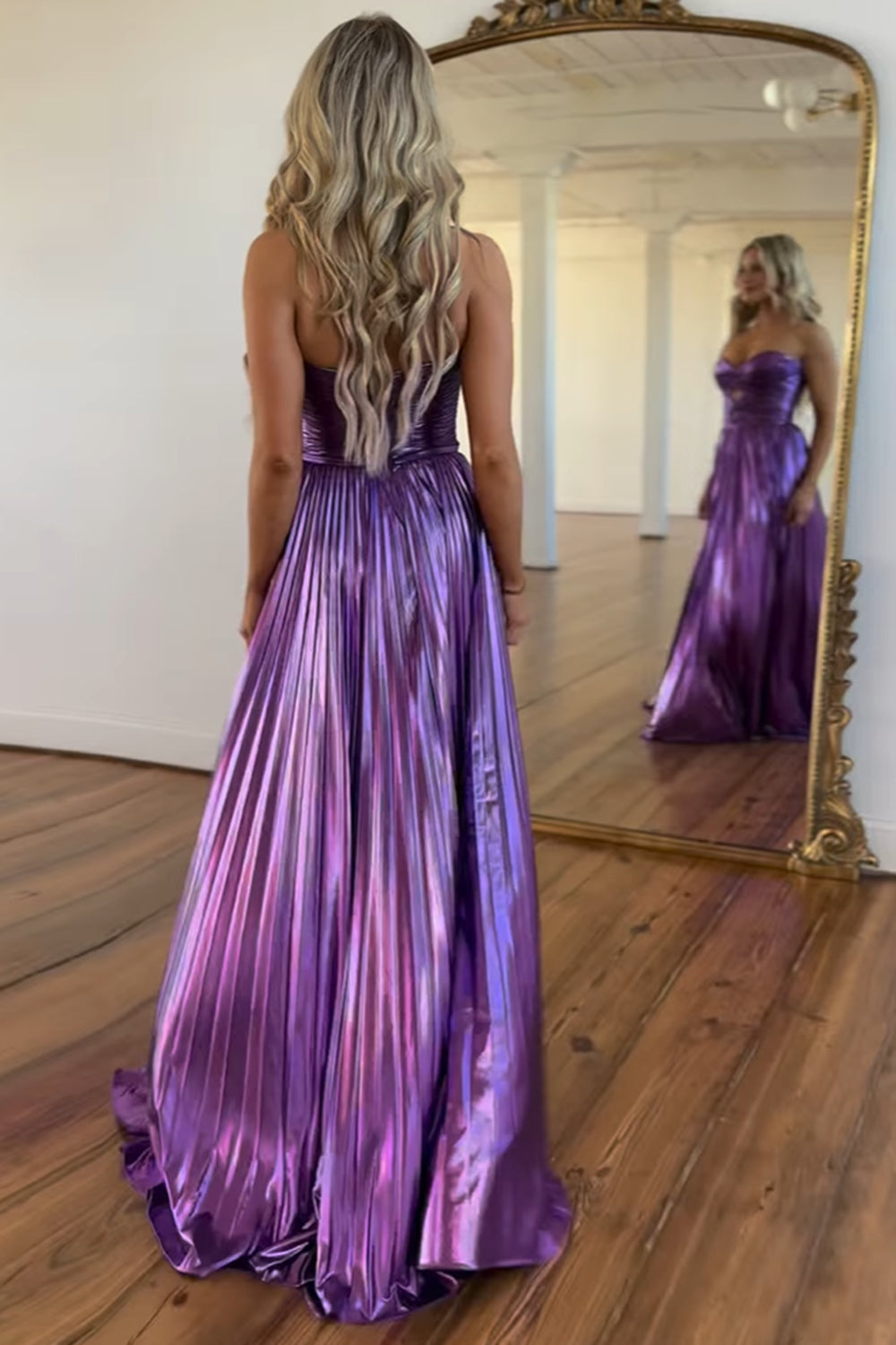 Purple Metallic Sweetheart A-Line Pleated Prom Dress with Slit