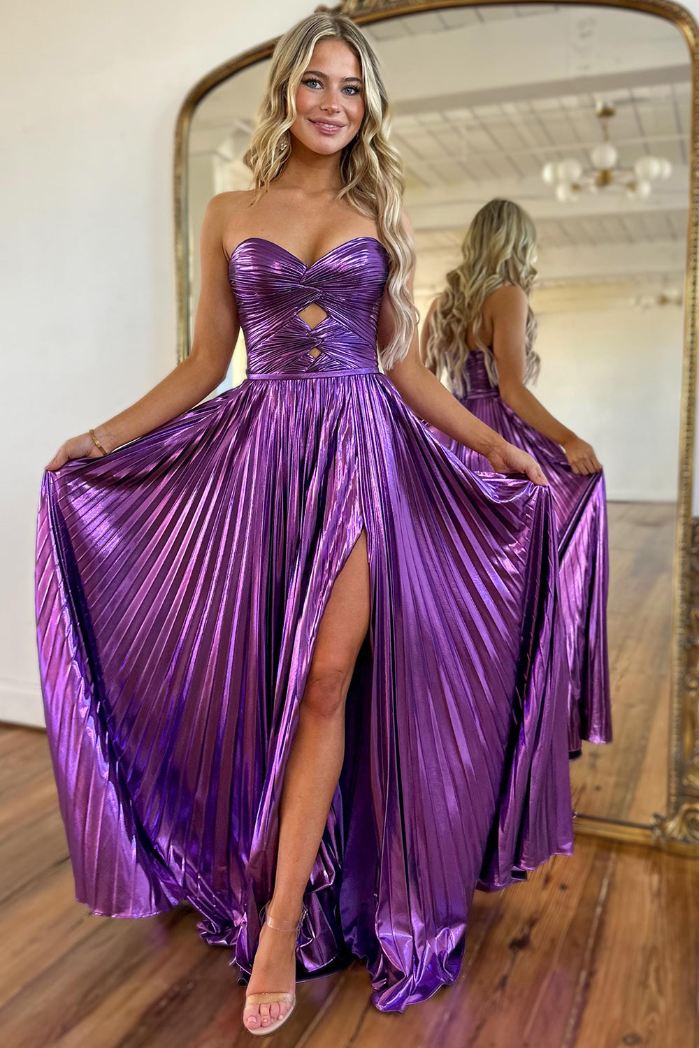 Purple Metallic Sweetheart A-Line Pleated Prom Dress with Slit