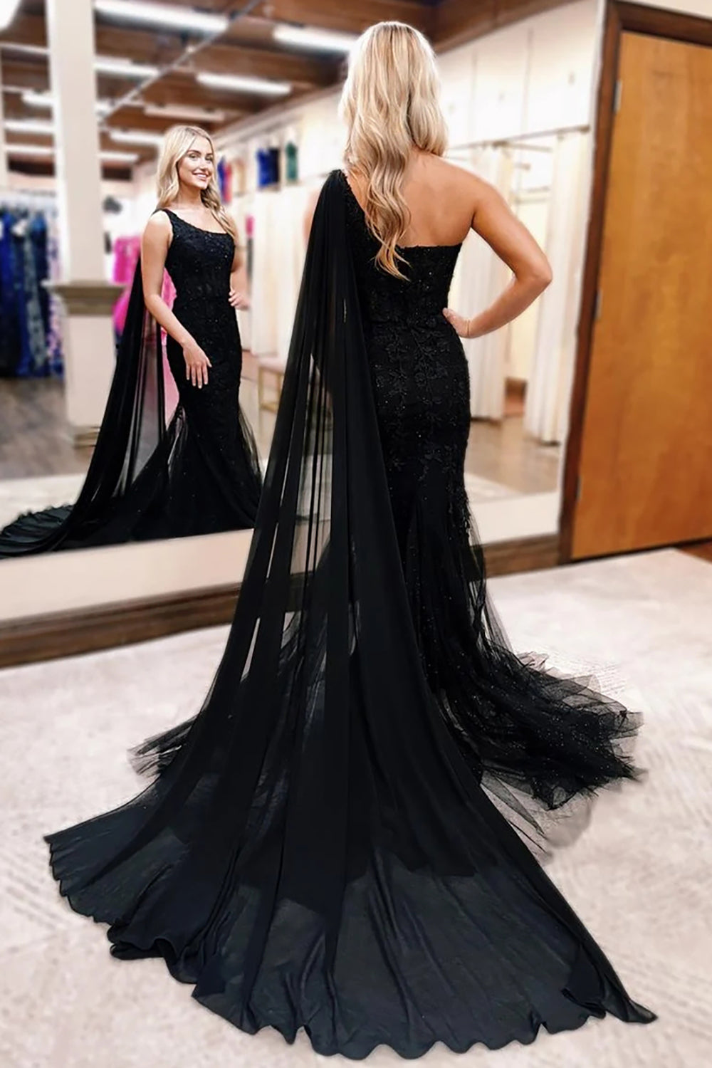 Black One Shoulder Cape Tulle Long Corset Prom Dress with Appliques