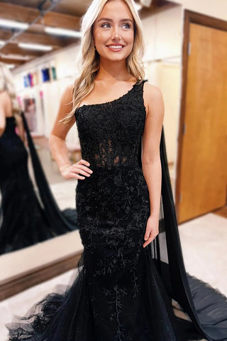 Black One Shoulder Cape Tulle Long Corset Prom Dress with Appliques