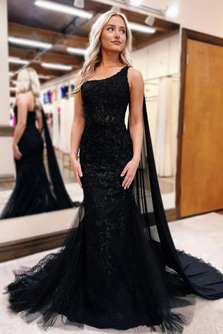Black One Shoulder Cape Tulle Long Corset Prom Dress with Appliques