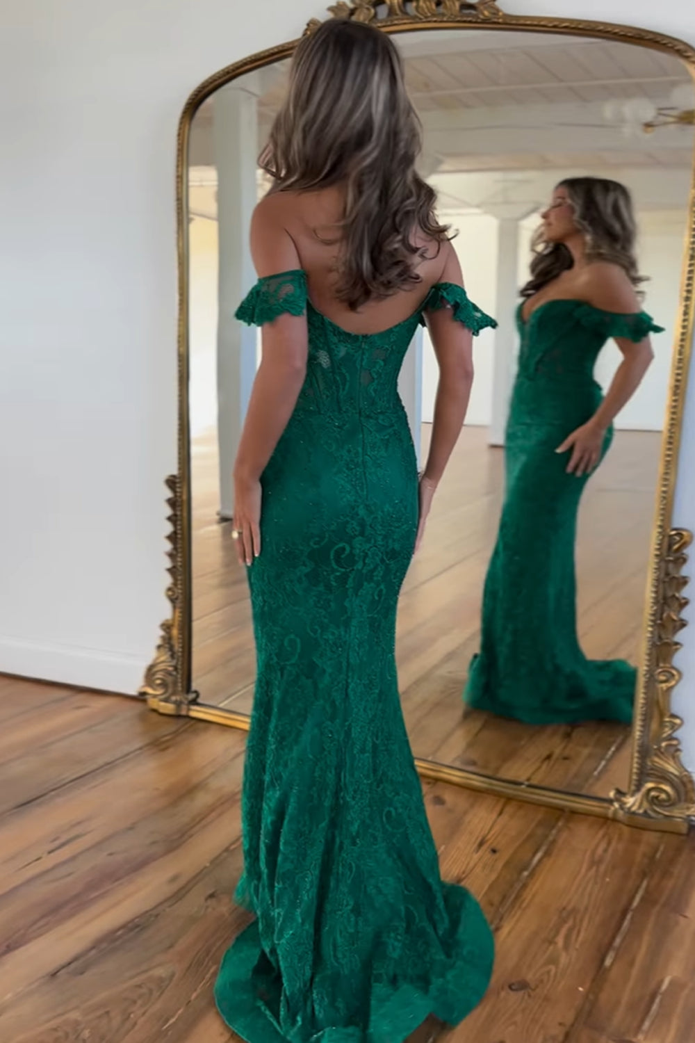 Glitter Dark Green Off the Shoulder Mermaid Lace Long Corset Prom Dress
