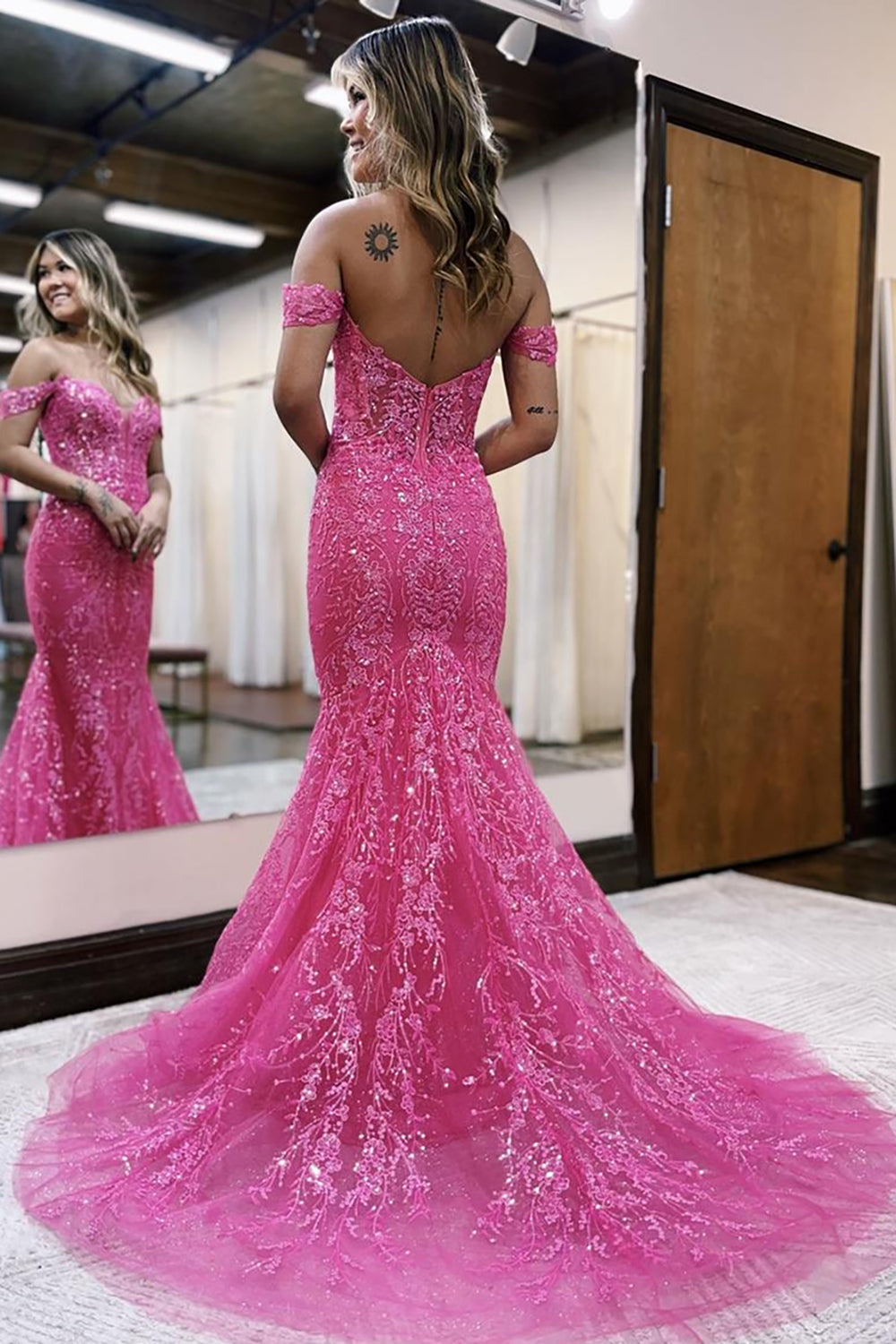 Fuchsia Off the Shoulder Mermaid Long Prom Dress with Appliques