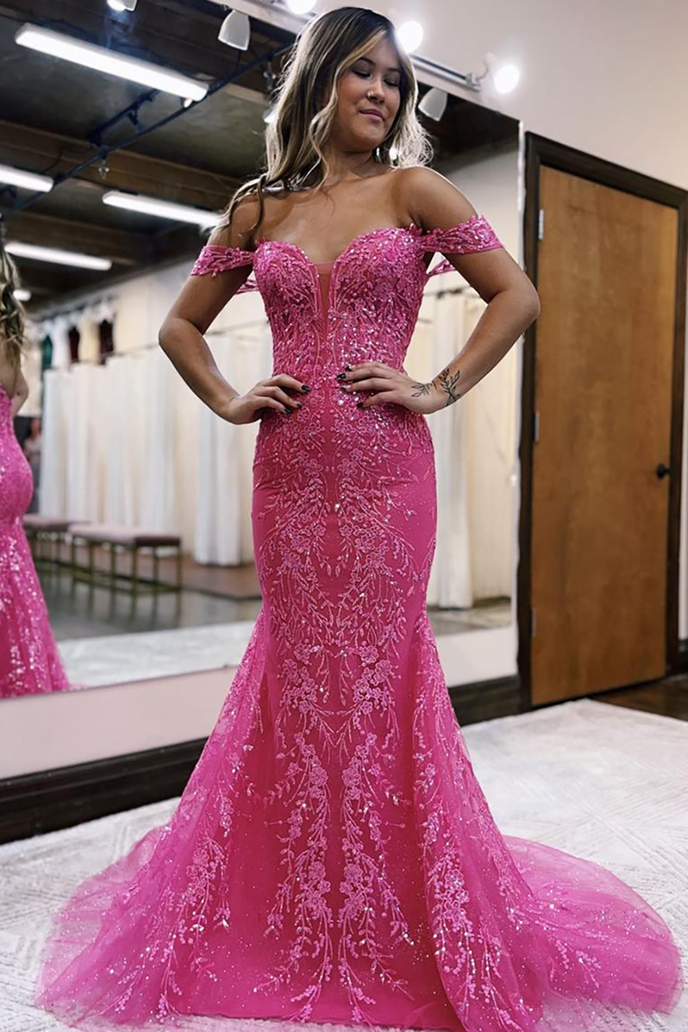 Fuchsia Off the Shoulder Mermaid Long Prom Dress with Appliques