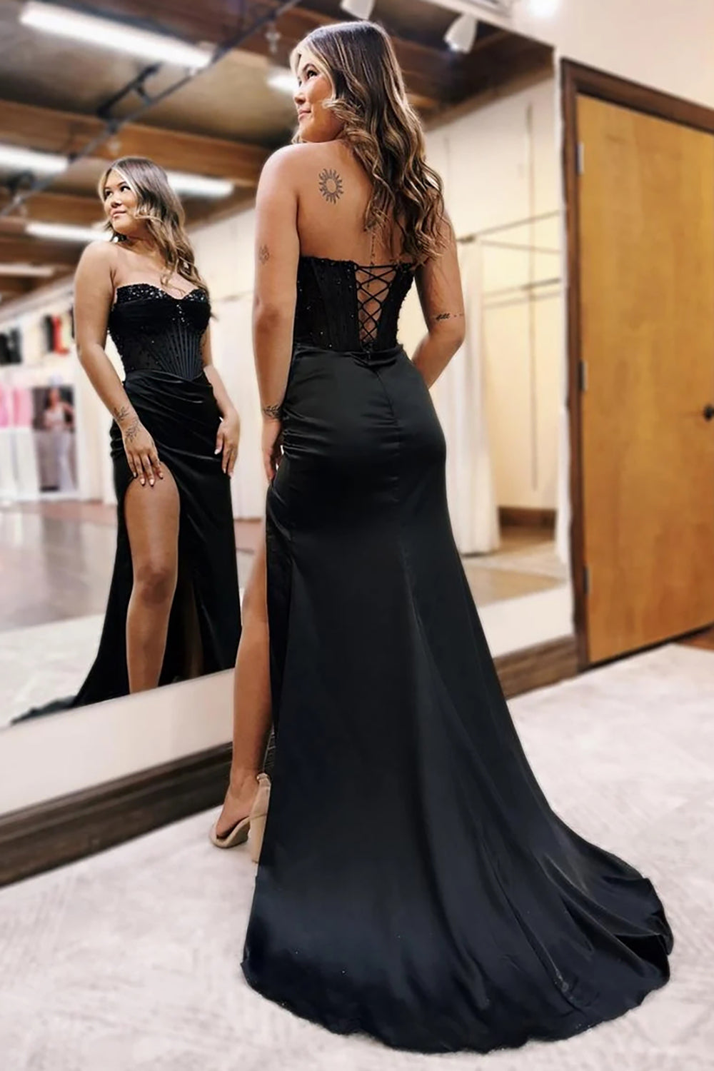 Black Sweetheart Mermaid Satin Long Corset Prom Dress with Beading