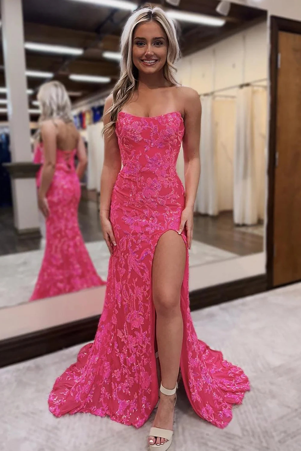 Sparkly Orange Strapless Sequins Mermaid Long Prom Dress with Slit