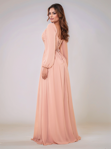 Long Sleeve Square Sheath Chiffon Bridesmaid Dress
