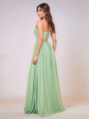 Chiffon V-neck Spaghetti Strap Bridesmaid Dress with Back cross straps
