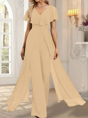 Jumpsuit/Hosenanzug V-Ausschnitt Bodenlanges Chiffon Abendkleid