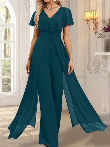 Jumpsuit/Hosenanzug V-Ausschnitt Bodenlanges Chiffon Abendkleid