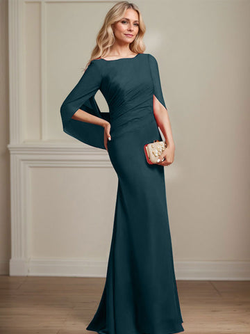Trompete/Meerjungfrau U-Boot-Ausschnitt Bodenlang Chiffon Mutter der Braut Kleid Mit Plissee