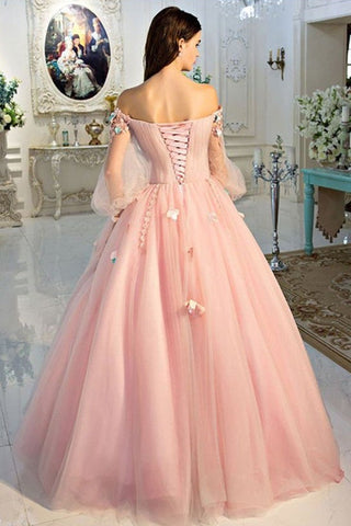 Tulle Ball Gown Off-the-Shoulder Long Sleeves Prom Dresses