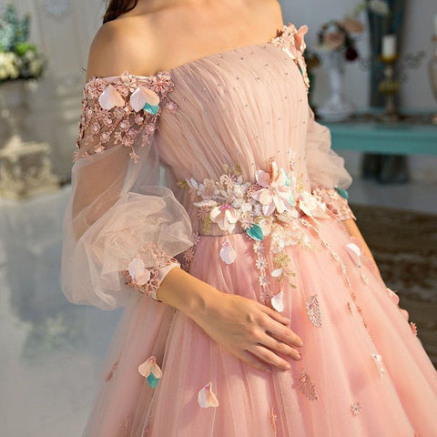 Tulle Ball Gown Off-the-Shoulder Long Sleeves Prom Dresses