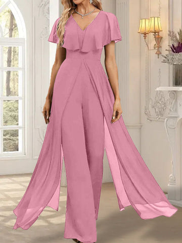Jumpsuit/Hosenanzug V-Ausschnitt Bodenlanges Chiffon Abendkleid