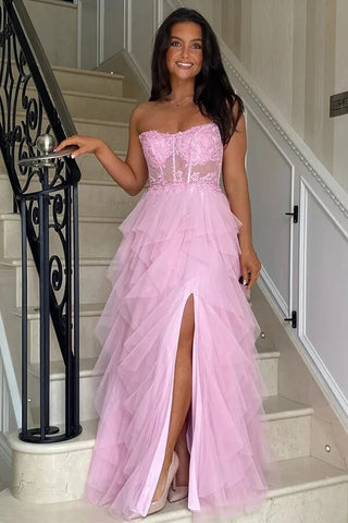 A-Line Ruffles Lace Appliques Corset Long Prom Dresses With Slit