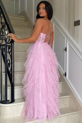 A-Line Ruffles Lace Appliques Corset Long Prom Dresses With Slit