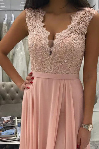 Pink Chiffon A-line Prom Dresses With Appliques, Beaded Evening Dress