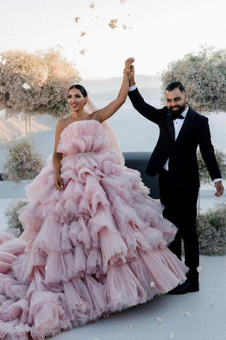 Pink Layers Tulle Ball Gown Straight Neck Wedding Dresses, Bridal Gowns