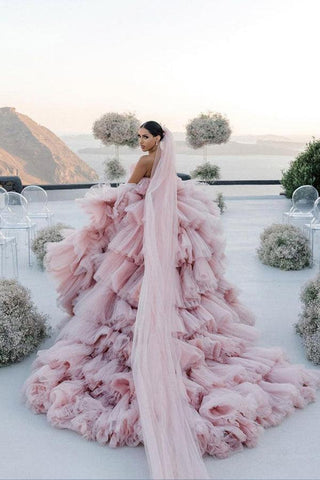 Pink Layers Tulle Ball Gown Straight Neck Wedding Dresses, Bridal Gowns