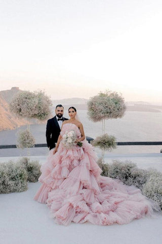 Pink Layers Tulle Ball Gown Straight Neck Wedding Dresses, Bridal Gowns