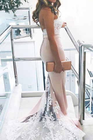 Mermaid Sweep Train Long Bridesmaid Dresses With White Lace