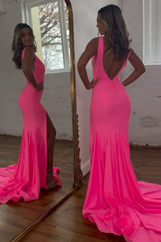 Mermaid V-Neck Sweep Train Beaded Prom Dress With Split