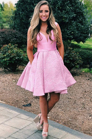 Satin A-line V-neck Homecoming Dress With Pocket, Graduation Dress