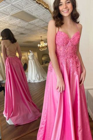 Satin Lace A-line V-neck Backless Long Prom Dresses, Evening Dresses