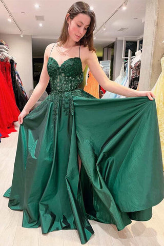 Satin Lace A-line V-neck Backless Long Prom Dresses, Evening Dresses