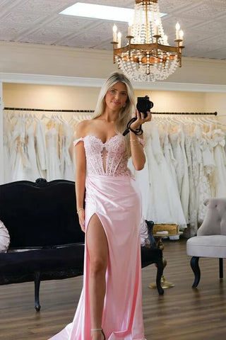 Satin Mermaid Off-the-Shoulder Prom Dresses With Lace Appliques