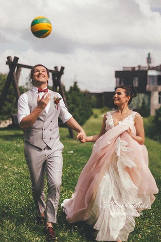 Pink Tulle A-line Backless Wedding Dress With Lace Appliques, Bridal Gown