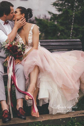 Pink Tulle A-line Backless Wedding Dress With Lace Appliques, Bridal Gown