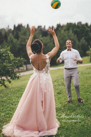 Pink Tulle A-line Backless Wedding Dress With Lace Appliques, Bridal Gown