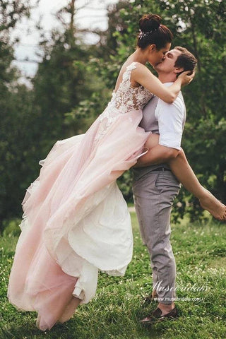 Pink Tulle A-line Backless Wedding Dress With Lace Appliques, Bridal Gown