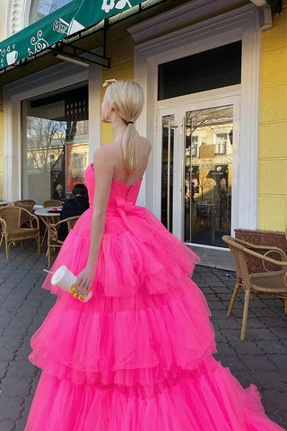 Pink Tulle A-line High Low Princess Long Prom Dresses, Evening Dress