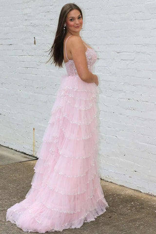 Tulle A-line Spaghetti Straps Plunging Neck Lace Prom Dresses