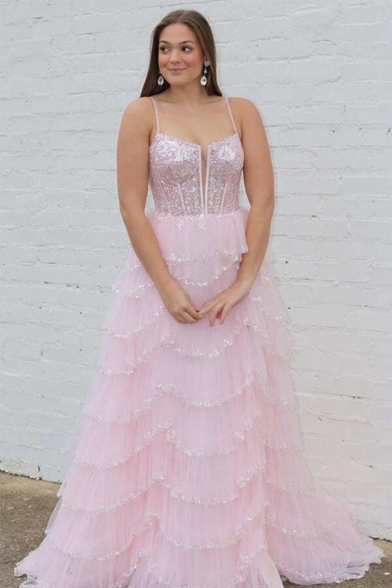 Tulle A-line Spaghetti Straps Plunging Neck Lace Prom Dresses