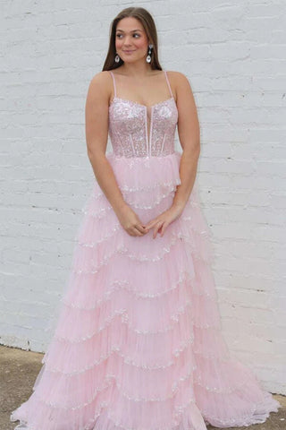 Tulle A-line Spaghetti Straps Plunging Neck Lace Prom Dresses