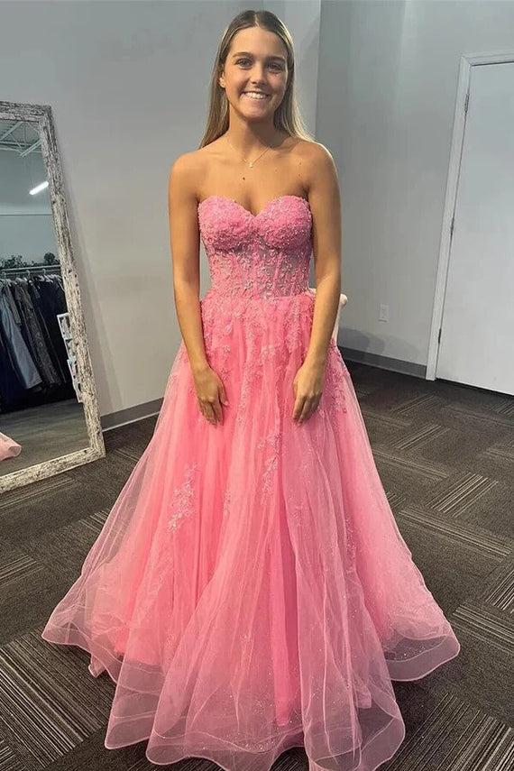 Tulle A-line Strapless Sequined Long Prom Dresses With Appliques
