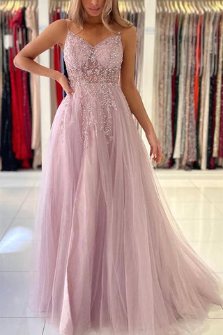 Pink Tulle A-line V-neck Beaded Prom Dresses With Slit, Evening Gowns