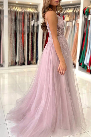 Pink Tulle A-line V-neck Beaded Prom Dresses With Slit, Evening Gowns