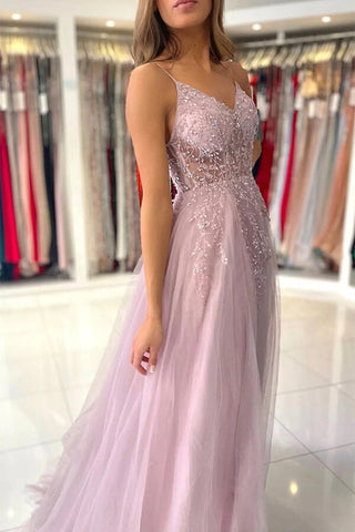 Pink Tulle A-line V-neck Beaded Prom Dresses With Slit, Evening Gowns