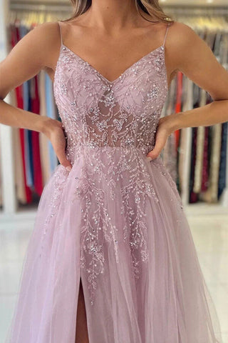 Pink Tulle A-line V-neck Beaded Prom Dresses With Slit, Evening Gowns