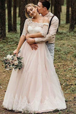 Pink Tulle Lace Backless Half Sleeves Lace Up Wedding Dresses, Bridal Gown