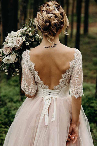 Pink Tulle Lace Backless Half Sleeves Lace Up Wedding Dresses, Bridal Gown