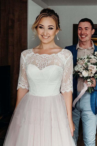Pink Tulle Lace Backless Half Sleeves Lace Up Wedding Dresses, Bridal Gown