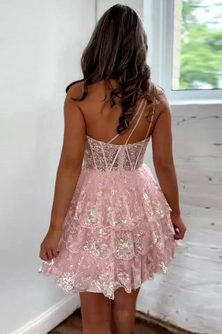 Rosa Tüll One-Shoulder Spitzenapplikationen Kurze Homecoming Kleider,