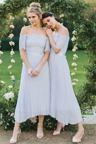 Pleated Chiffon Lace A-Line Off Shoulder Short Sleeve Bridesmaid Dresses